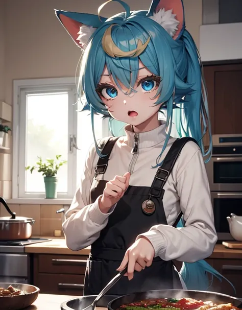 1girl, fox girl, fox ears, fox tail, blue hair, green hair, streaked hair, multicolored hair, colored eyelashes, violet eyes, :O, tears, dirty face, sweater, dirty apron, left-hand holding ladle, right-hand holding frying pan, messy kitchen, messy, 
,BREAK...