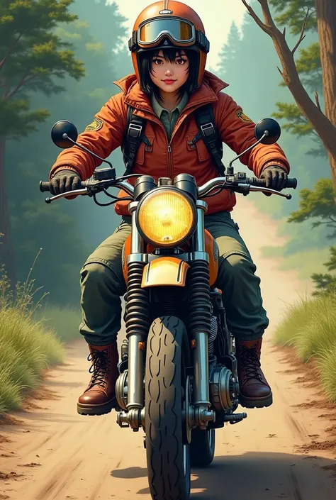 A beautiful Japanese beauty with a bright smile  short, Messy black hair,   cargo pants with flight jacket  , Durable boots,  helmet,   gloves　Front turn signal 　block pattern tire , Vintage Goggles,  Ride a heavy duty vintage motocross bike with tools in ...