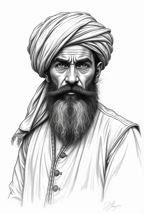 generate black and white sketch image of pakistani middle age man wearing pashtun turban and waistcoat and having beard and mustache like darhi mooch brand logo. straight face image