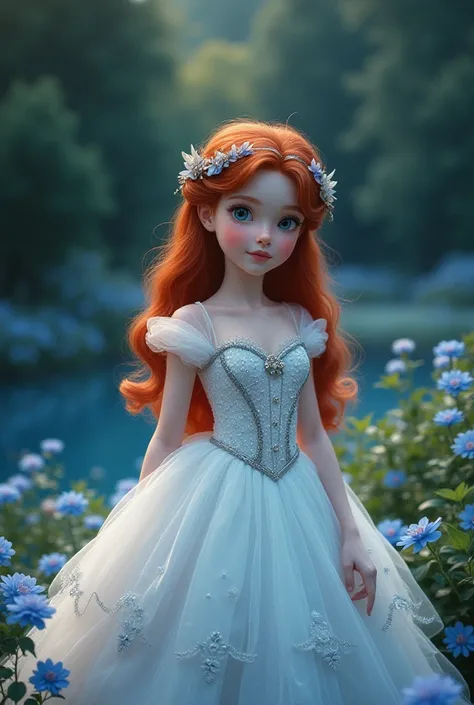 Delicate young princess.  White skin and blue eyes.  hairstyle long red hair below the waist,  and ornaments .  Delicate white and silver ball gown, moon or butterfly details . night, garden with blue flowers and lake .  full body image .
