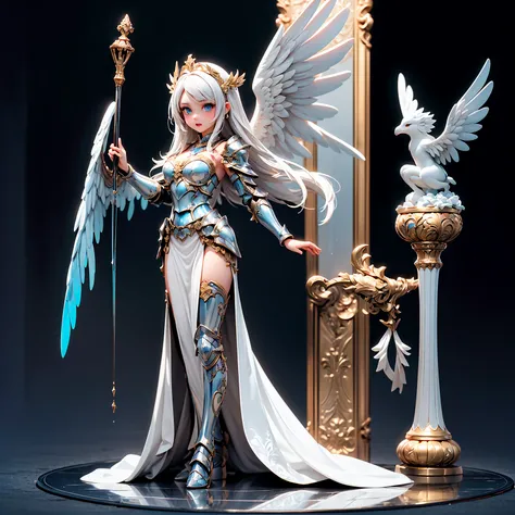 (((masterpiece, best quality, high detailed, 16k))) (1girl) A serenely beautiful woman with long silver hair and radiant blue eyes. She wears a gleaming silver and white armor, with large, luminous white wings. She holds a golden trumpet, ready to sound th...