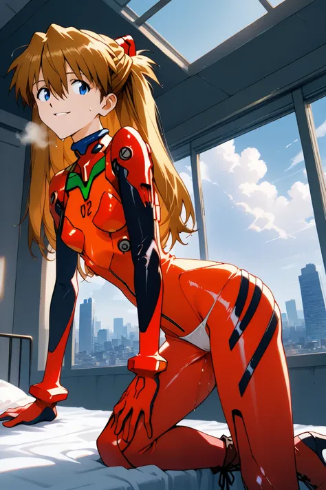 asuka_langley,1 female,solo,looking at the scenery,smile,
I_,wet brown hair,viewer,blue eyes,long hair,hair between the eyes,beautiful eyes,more detailed hair,
lace up boots,thigh-high boots,unitard(1.3),white panties,high heels,elbow gloves,
portrait,ba...