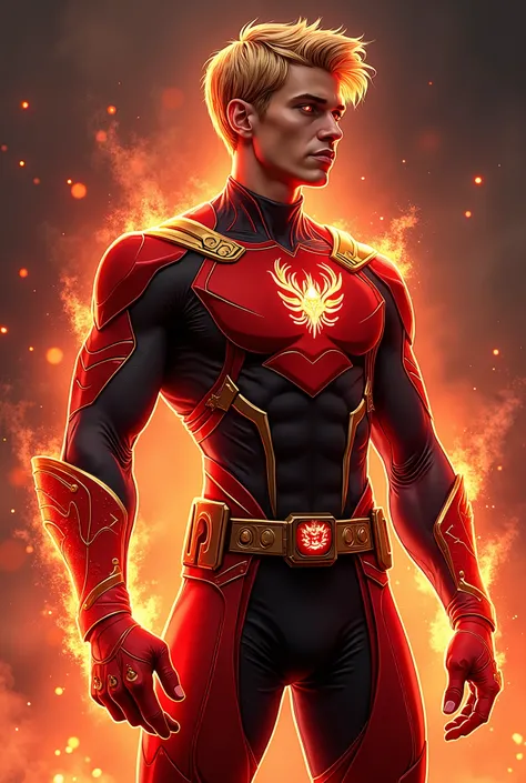 Full body comic book style handsome Caucasian skinny young slender futuristic male hero with wavy short golden blonde hair, eyes are glowing red sparking energy. wearing a red and black costume with stylized gold details and some armor. with gold dragon sy...