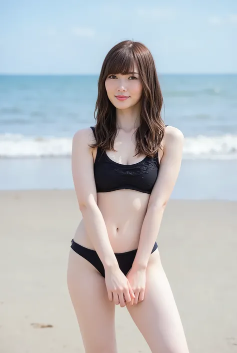 Top quality, 8k, masterpiece, super high resolution, beach background, (photorealistic: 1.4), original photo, 1 girl, dark brown hair, bangs, medium length hair, healthy skin, wet body, (( full body visible )), (makeup, legs apart: 1.2), ((Woman with attra...