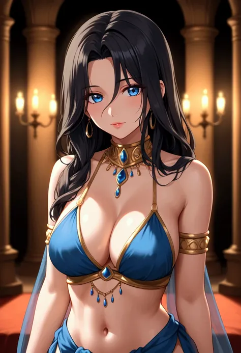 High quality, 1girl, extremely beautiful girl, long black hair, blue eyes, detailed eyes, beautiful face, busty, harem outfit, dim lighting, blurry background, masterpiece quality, highly detailed 