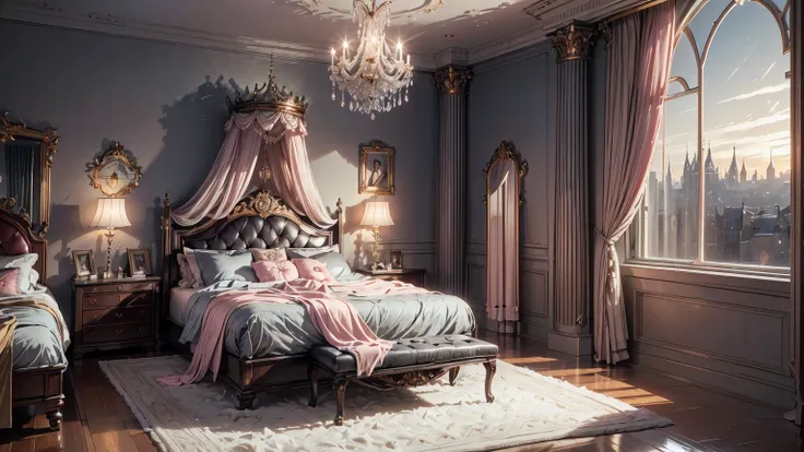 Best quality, masterpiece, ultra high res, raw photo, beautiful and aesthetic,deep shadow, fantasy theme,(ultra detailed:1.3), divine, royal bedroom, indoors, luxurious palace, luxury bedroom, canopy bed, full of curtains, pillows, jewelry, candlelight, qu...