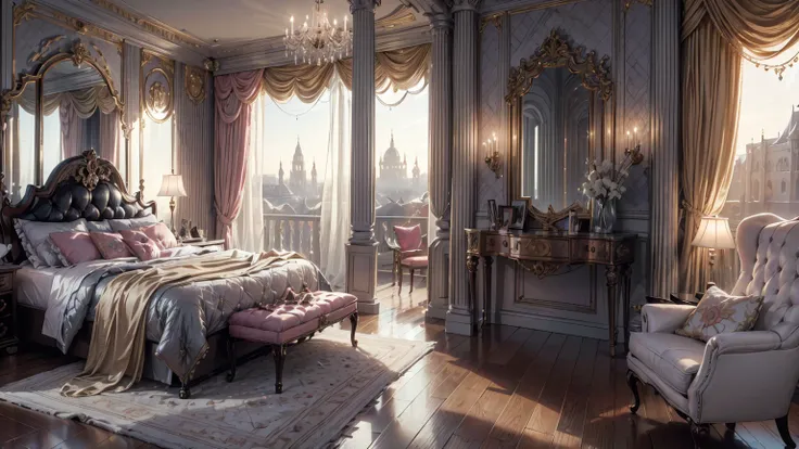 Best quality, masterpiece, ultra high res, raw photo, beautiful and aesthetic,deep shadow, fantasy theme,(ultra detailed:1.3), divine, royal bedroom, indoors, luxurious palace, luxury bedroom, canopy bed, full of curtains, pillows, jewelry, candlelight, qu...