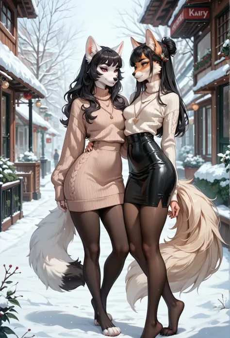 2 furry girls, tight skirt, pantyhose, furry, fluffy tail, slim waist, wide hips, large butt, small perky breasts, sweater, paws, winter, white fur, beautiful hair, seductive eyes, lesbian, black hair, asian