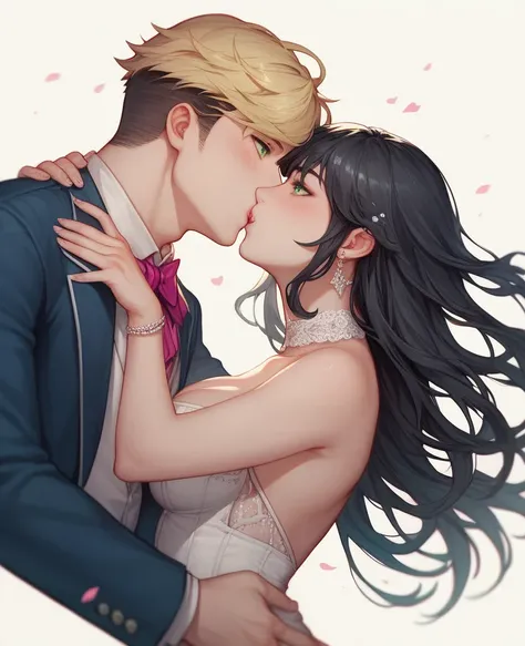 I'd like . anime.. couple.. A white. The man has black hair, scattered hair coma .. y green eye _Touch her butt .. wedding clothing with his blonde haired girlfriend with bangs and green eyes, .. kiss.. masterpiece, The best quality, effect, illustration ,...