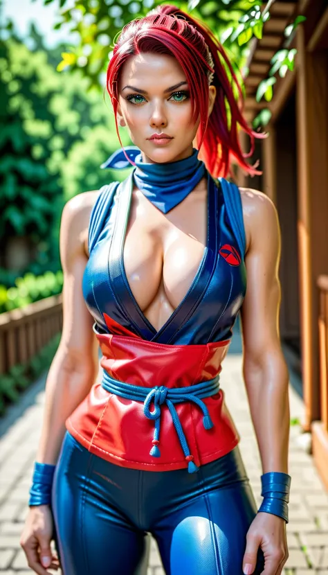  masterpiece,   High quality, Ultra Realistic, ninja woman,   silky red hair , toys,   big boobs,   cleavage,   detailed sexy body ,   detailed abdomen  ,  ninja outfit , ninja blue bandana  ,  Serious look standing  