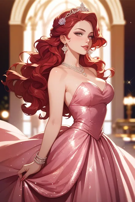 redheaded woman, luxurious flowing red hair, slinky pink dress, reception background