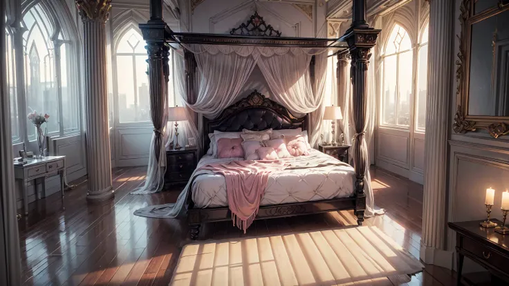 Best quality, masterpiece, ultra high res, raw photo, beautiful and aesthetic,deep shadow, fantasy theme,(ultra detailed:1.3), divine, royal bedroom, indoors, luxurious palace, luxury bedroom, canopy bed, full of curtains, pillows, jewelry, candlelight, qu...