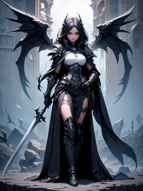 (((masterpiece, best quality, high detailed, 16k))) (1girl) A beautiful and imposing female figure with long, flowing black hair and cold, piercing silver eyes. She embodies the quiet finality of death, draped in a shadowy cloak made of swirling darkness. ...