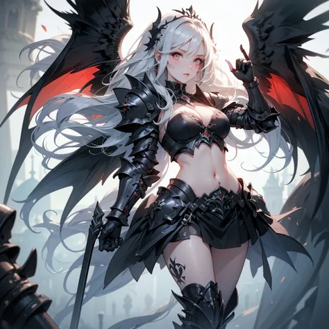 queen power armor , (gothic style), full body view , bellybutton, The most beautiful and sexy demon goddess, long white hair, glowing red eyes, wearing detailed black gothic battle armor, black angel wings, tattoos and piercings, gothic castle, perfect mas...