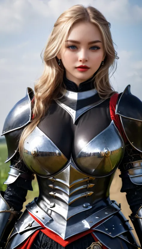 masterpiece,    best quality,High-ranking knight,(女性 Black Knight    _ Black Knight    :1),(Jet Black Armor:1.3), (35歳の女性 Black Knight    :1.3),、(((Very large and heavy breasts)))　  Big Breasts 　,    surreal,【(((On the battlefields of medieval Europe)))】, ...