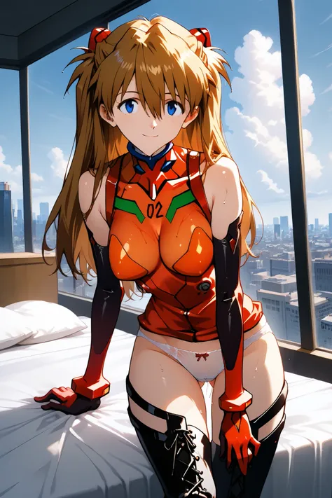 asuka_langley,1 female,solo,looking at the scenery,smile,
I_,wet brown hair,viewer,blue eyes,long hair,hair between the eyes,beautiful eyes,more detailed hair,

lace up boots,thigh-high boots,sleeveless turtleneck,cleavage（1.3）,white panties,high heels,elb...