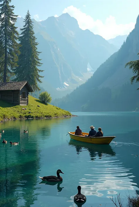 A serene mountain lake, with crystal-clear water, surrounded by lush green hills, and tall pine trees. In the center of the lake, a small yellow rowboat, with two figures on it, one wearing a hat, and another person relaxing. Nearby, a small wooden cabin, ...