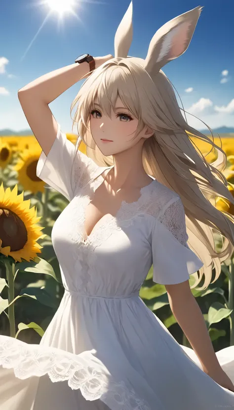 fuwa aika, 1 girl is the best , alone, viera: Final Fantasy, deep cleavage , (White lace dress:1.2), relaxed dress ( gradation shirt that Furakana has :1.2), Sunflower field, Under the sun , with a faint smile, watch viewers , wind, dynamic, Strong...