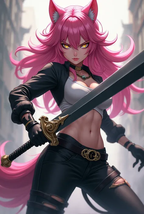  an anime werewolf girl ,  fair skin , pink hair,  golden eyes,  black and white clothes , black and white pants, Serious and furious expression ,  wielding a heavy sword.
