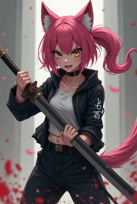  an anime werewolf girl ,  fair skin , pink hair,  golden eyes,  black and white clothes , black and white pants, Serious and furious expression ,  wielding a heavy sword.
