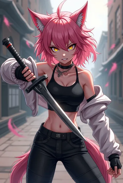  an anime werewolf girl ,  fair skin , pink hair,  golden eyes,  black and white clothes , black and white pants, Serious and furious expression ,  wielding a heavy sword.
