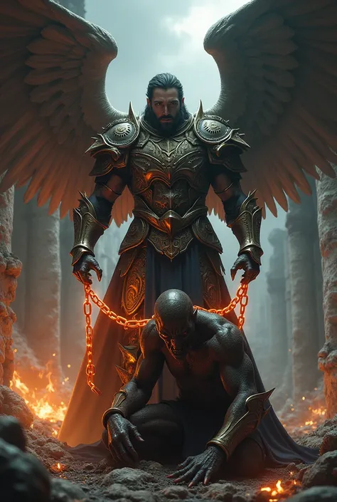 Ultra-realistic of an armored male angel wrapping a glowing chain around the demon's neck in the ruins in the dark night with the ground in fiery larvae and the demon is on his knees suffering 