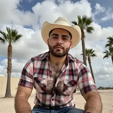    An Arafat man wearing a cowboy hat and a plaid shirt posing for a photo,     a color photo inspired by Clint Cearley    , Trends on Pexels,   fantastic realism  , Western clothing  , Cowboy style, , con una camisa de flannel, 🤠 using a 🖥, cowboy theme  ...