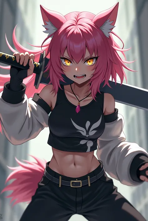  an anime werewolf girl ,  fair skin , pink hair,  golden eyes,  black and white clothes , black and white pants, Serious and furious expression ,  wielding a heavy sword.
