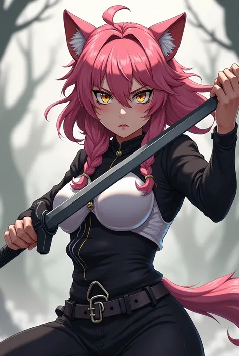  an anime werewolf girl ,  fair skin , pink hair,  golden eyes,  black and white clothes , black and white pants, Serious and furious expression ,  wielding a heavy sword.
