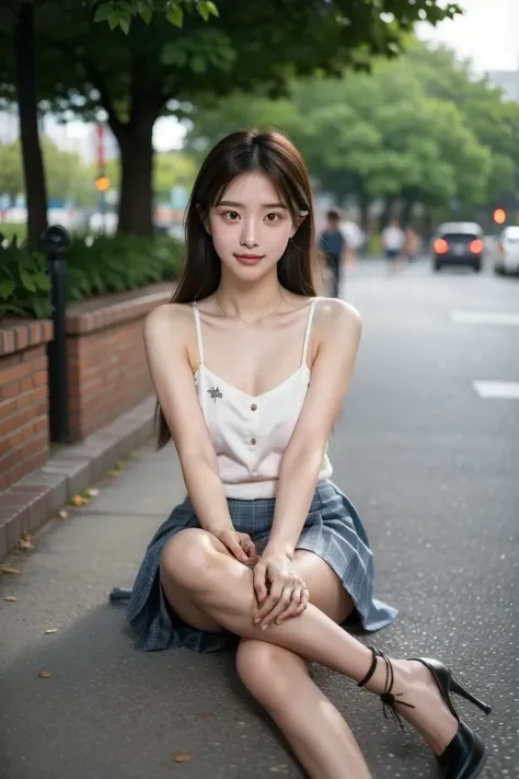 ((  best quality  )), ((masterpiece)), ( Details ),   1girl  ,18 year old japanese girl ，In the park square， First person perspective ， real person， 8k octagonal rendering ,  Shine Effect , Aho, preauricular hair,   With Thin Shoulder Straps Small Cute，Ple...