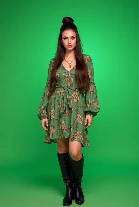 Photograph of a woman standing ,  The woman is facing the camera , on a green gradient background, 28 years old, rounded face,  very white skin, long dark brown hair ,  tied in a high bun , Deconstructed,  almond-eyed indigenous , light green eyes,  curvy ...