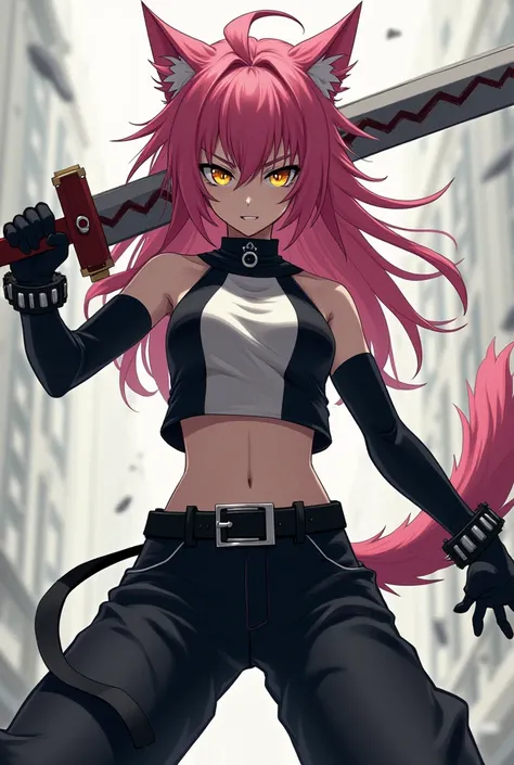  an anime werewolf girl ,  fair skin , pink hair,  golden eyes,  black and white clothes , black and white pants, Serious and furious expression ,  wielding a heavy sword.
