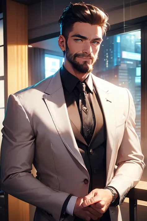 (  best quality,4K,8k,  highres,  masterpiece :1.2),  ultra-detailed  ,(realistic,photorealistic,photo-realistic:1.37),34 years old, man,5-day beard   , black beard,Beautiful anime,Portraits,strong,Masculine,  with dark hair  ,sharp jaw,   mesmerizing eyes...