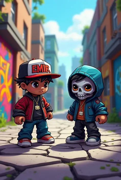 Graffiti personnage animés petite taille look hip hop avec casquette emir,graffeur avec masque tete de mort ambiance decor minecraft coloré au loin sol beton craquelé  rose 