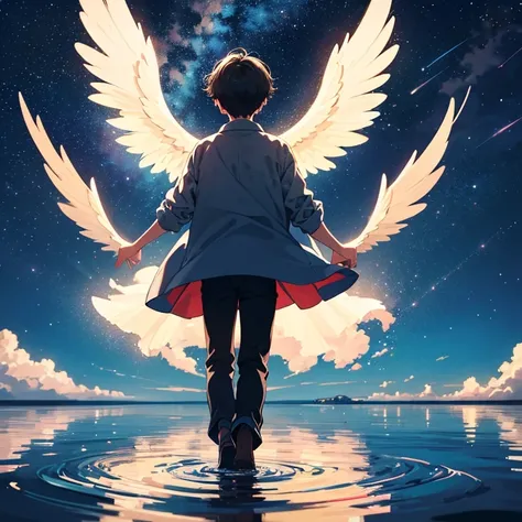 1 boy standing on the surface of the water reflecting the starry sky and 1 angel reaching out from the sky