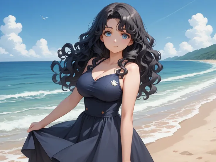  
wave hair,master piece,best quality,ultra detailed, highres, wavy hair, long black hair,Big Breasts, lean forward, Anime Girl , standing on a beach ,  Cute anime Waifu is wearing a navy blue skirted swimsuit, Anime Moe Art Style ,  Anime Girl  wearing a ...