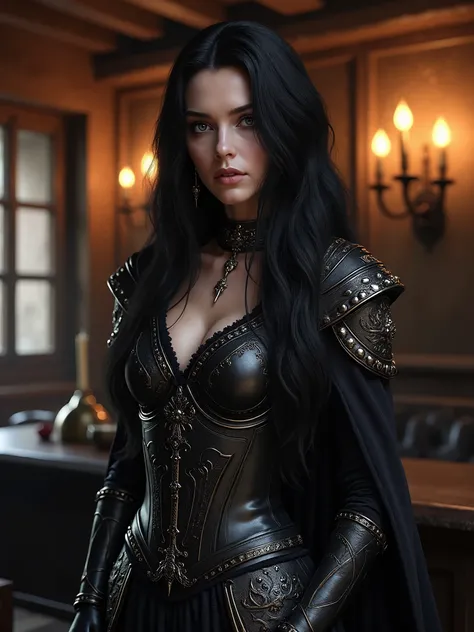 Seductive Yennefer of Vengerberg , wearing seductive ornamented mage’s armour , she poses in a medieval tavern, fashion fotoshoot, realistic photo, 16k  , atmospheric lighting, extreme details