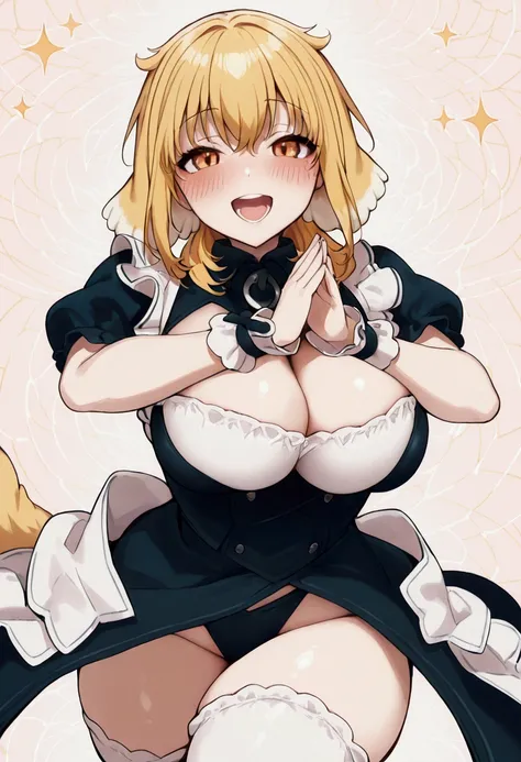 alone, girl, Roxanne from Isekai Meikyū de Harem, roxanne hair cut,blonde short hair, roxanne dog ears, kind gaze, femenine, feminine posture, Big breast, , fluffy roxanne dog ​​tail,, warm smile, open mouth , blush,maze background, perfect scene , Masterp...