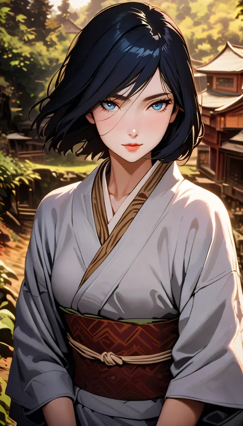 vintage movie, girl, short hair, navy hair, straight hair, woman body, traditional kimono, dutch angle, hyuga clan, shinobi village, konohagakure, ((closed mouth)), smilling, ((perfect eyes)), ((solo)), ((perfect lips))