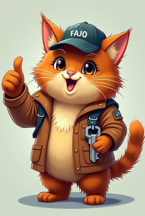 I draw a brown cat with a white spot on its chest with a thumb up with a combined key,and dressed as an electronic technician . Logo(fajo) In his cap 