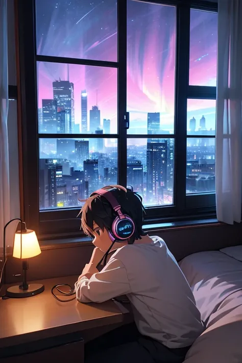  An anime-style lofi scene from Studio Ghibli of a boy listening to music on his headset in a colorful room,  extremely detailed and very bright , with lamps and lamps ,  style window, some technological equipment and some neon details shine and enrich the...