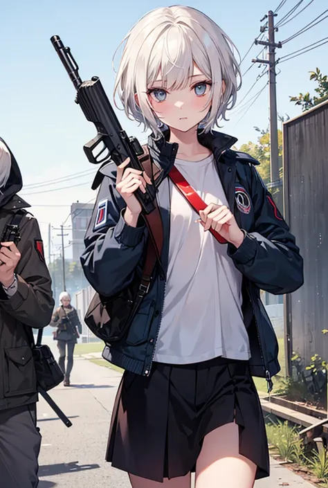  Girl with short white hair holding an mp40 gun , Next to a dead boy