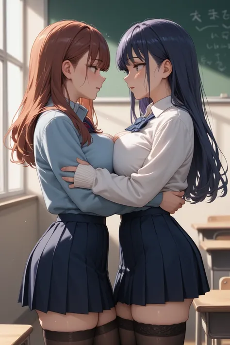 (2 women:1.5)　((The woman on the left is tall)) ((The woman on the right is short))  Very Big Breasts　uniform　((winter clothes 1.2)) close distance between high school girls　Put your hand inside your clothes and get your chest rubbed　 sex　Can you touch it ...