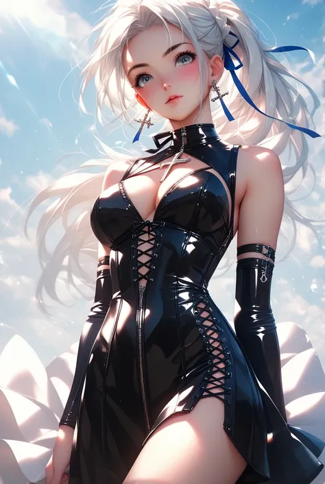 1girl,solo,latex dress, cross-laced clothes, cleavage, shirakami_fubuki
