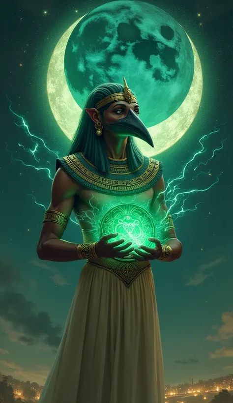 Egyptian godman with an ibis head and a moon behind his head writing on an emerald tablet opening dimensional portals and entering