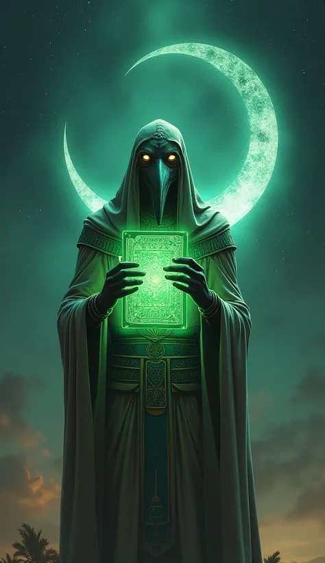 Egyptian godman with an ibis head and a moon behind his head writing on an emerald tablet opening dimensional portals and entering