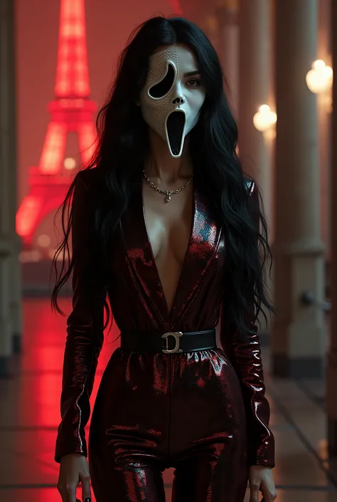 Character from the film “Scream”, wearing exactly the mask used in the film. With an athletic hourglass body, fair skin and extra long dark hair, very long black hair, very long black hair, Rapunzel, silky, voluminous and straight wavy hair, elongated casc...