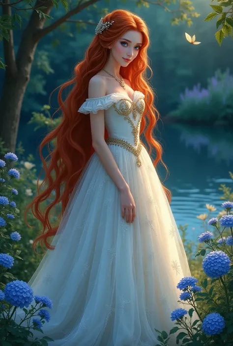 Princess delicate young woman.  White skin and blue eyes. Long red hair below the waist with braids and ornaments. Delicate ball gown in white with gold, moon or butterfly details . night, garden with blue flowers and lake .  full body image .