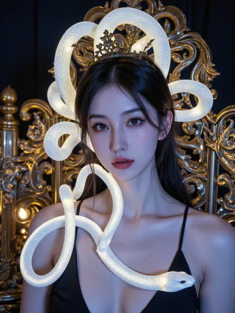 A stunning young woman with glowing, luminous snakes as her hair, each snake radiating soft neon light. Her skin is smooth and porcelain-like, with a faint shimmer under the moonlight. Her deep-set eyes glow with an ethereal hue, and her expression is sere...