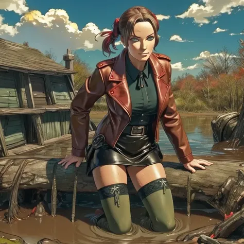 vector image, anime, very old mature woman  , wrinkles:1.3, dark orgasm , heavy makeup, leather jacket, pencil skirt,  Socks with garters ,   drowning in quicksand swamp,  sky, green, red